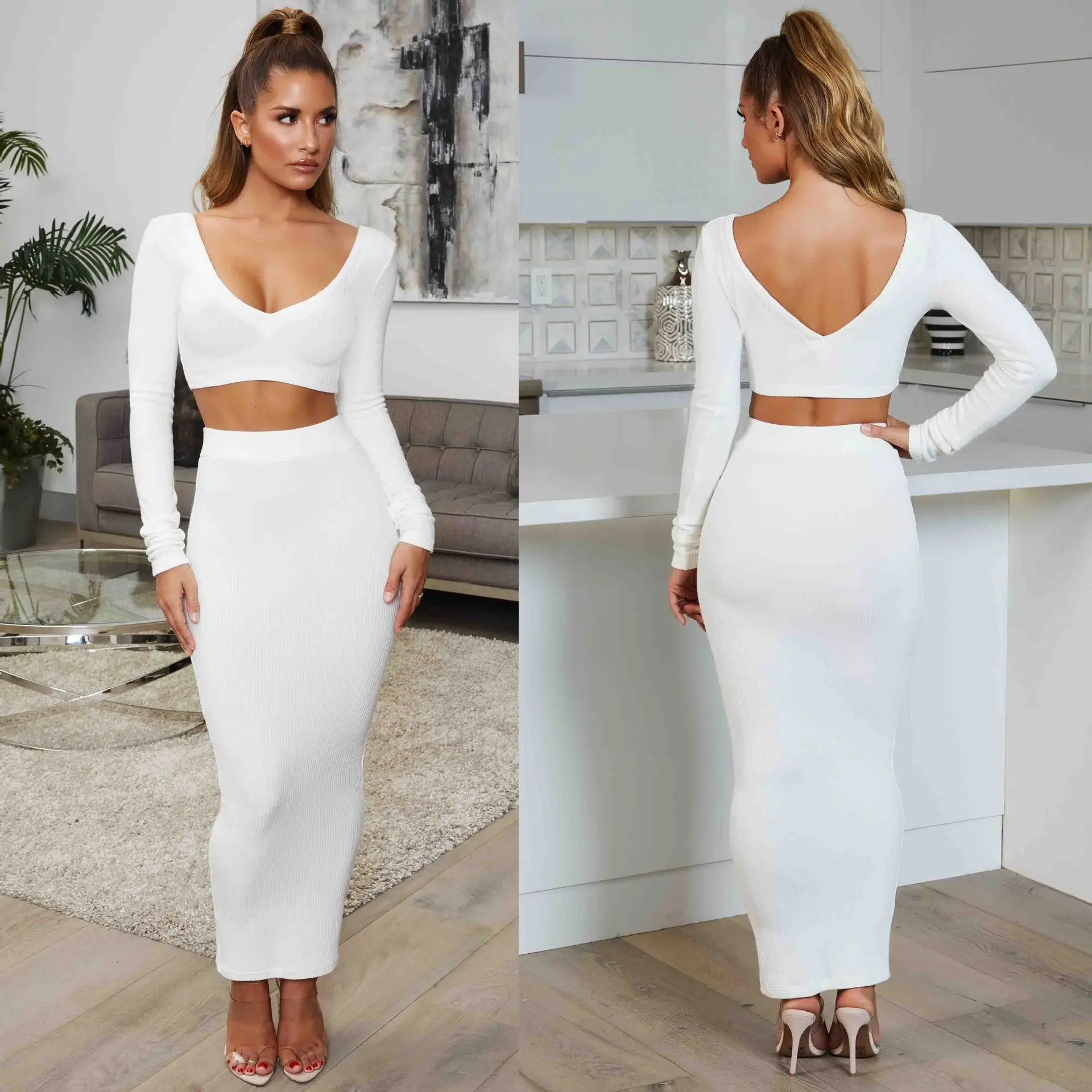 2 шт набор женский подходящий одежды Bodycon Co ord V образным вырезом с длинным рукавом