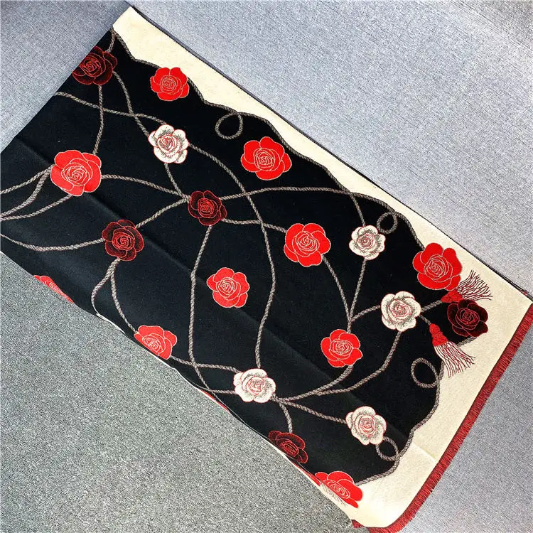 

Black Red White Flowers Winter Blanket Scarf Warm Soft Cashmere Thicken Long Ladies Tassel Scarves Women 2020 Poncho Foulard
