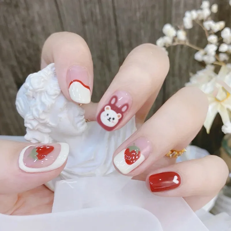 

Cartoon Bear Printed Nail Patch Sweet Style Short Round Head Women Girl Manicure Tool 24PCS Full Cover False Nail Tips with Glue