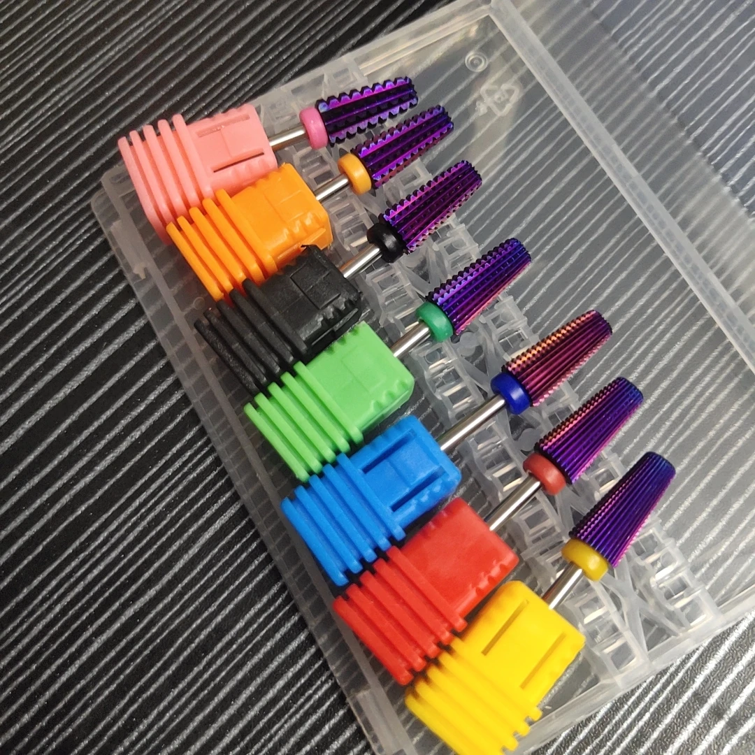 7pcs/set New Purple 5in1 Tapered Safety Carbide Nail Drill Bits With Cut Drills Carbide Milling Cutter For Manicure Remove Gel