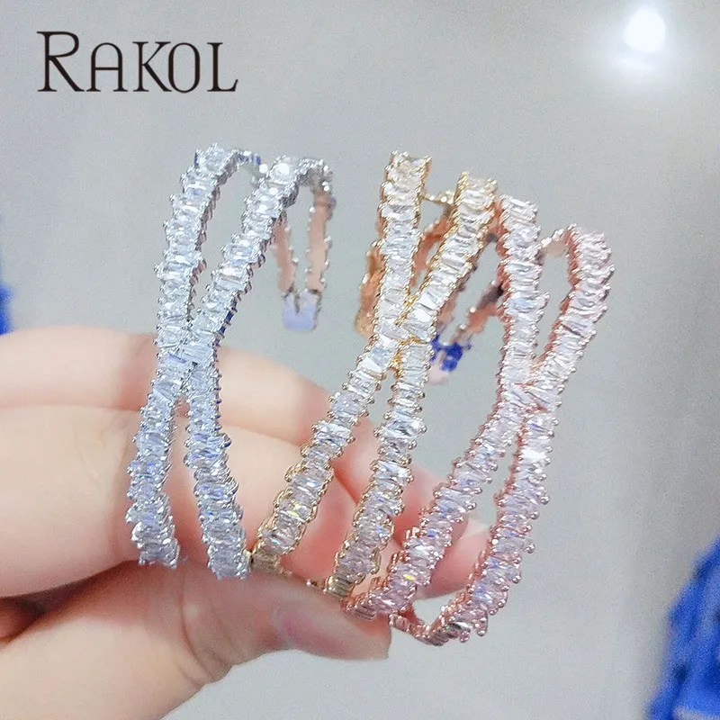 RAKOL модный AAA багет кубический цирконий X форма большие манжеты браслеты для