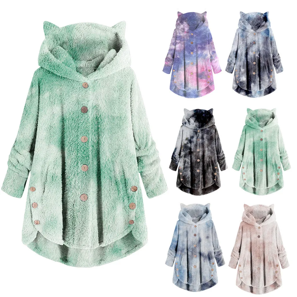 

Fashion Women Tie-dyed Button Pocket Cat Ears Hooded Sweatshirts Plus Size Winter Thicken Warm Plush Casual Winter Warm Coats