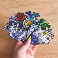 pulaqi heart shape patches van gogh ocean whale rose girl butterfly embroidered patches for clothing diy iron on patches stripes
