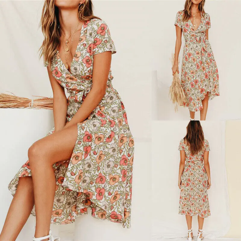 

Fashion Women V-Neck Bohemia Long Maxi Dress Summer Beach Party Sundress Plus