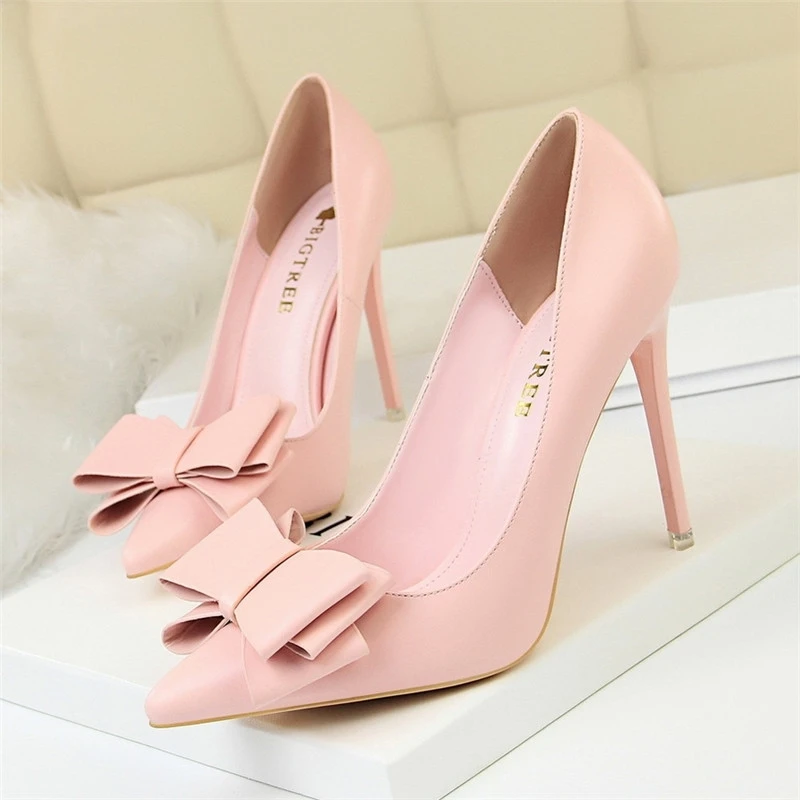 

Spring Summer Heels Shoes Pink Woman Blue Sweet Bow Women High Heels Matte Leather Pumps Thin Heel Pointed Ladies 34