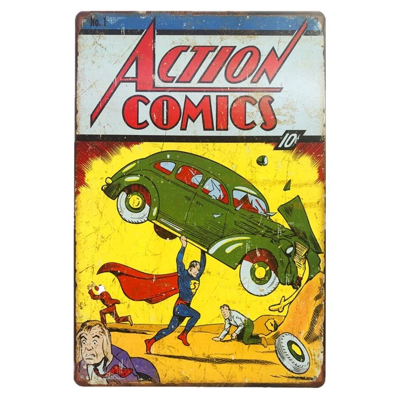 

Vintage Metal Tin Sign Action Comics Art Poster Pub Home Wall Decor Man Cave