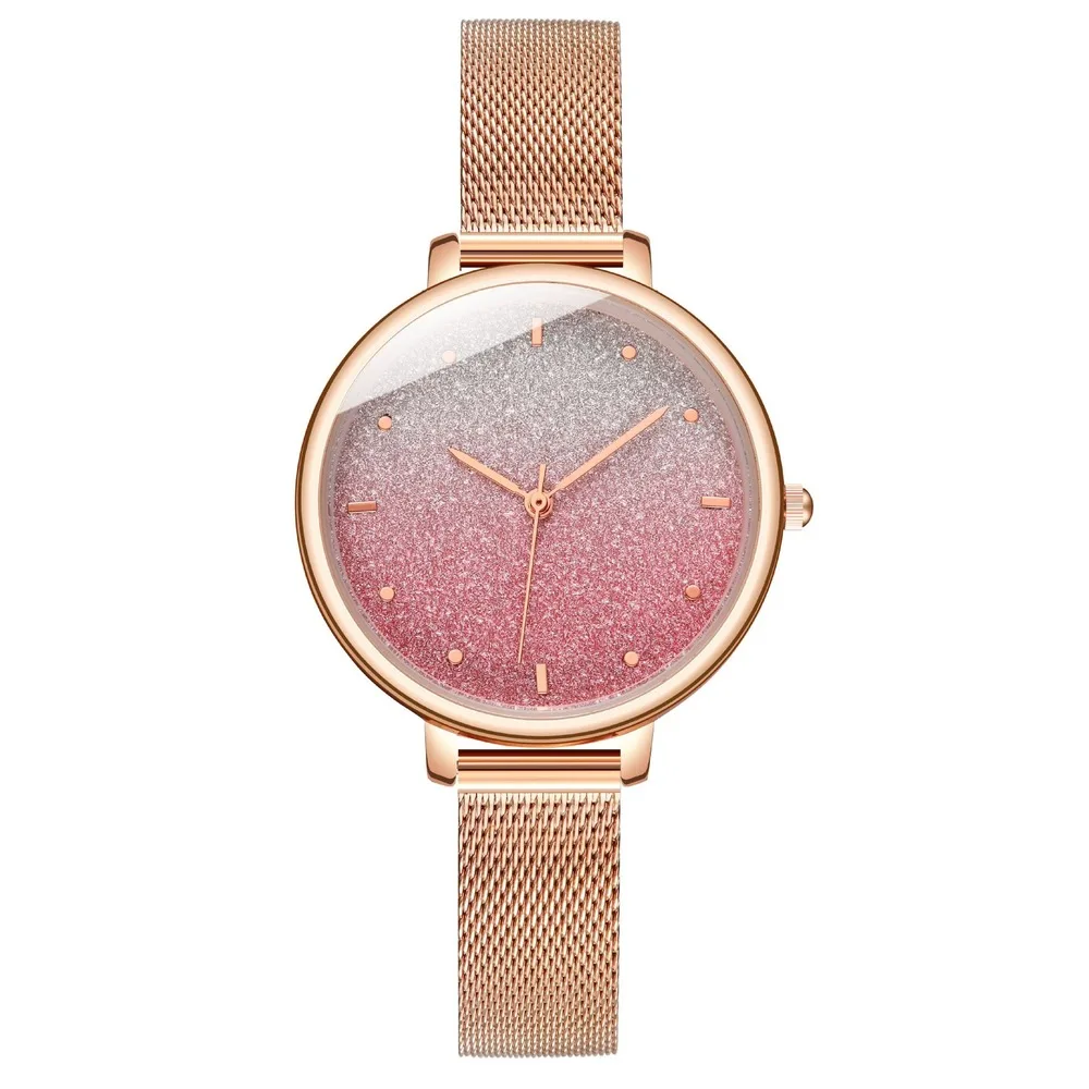 

Женские кварцевые часы, розовое золото со стразами, дизайнерские пробы, с сетчатым ремешком и звездным небом