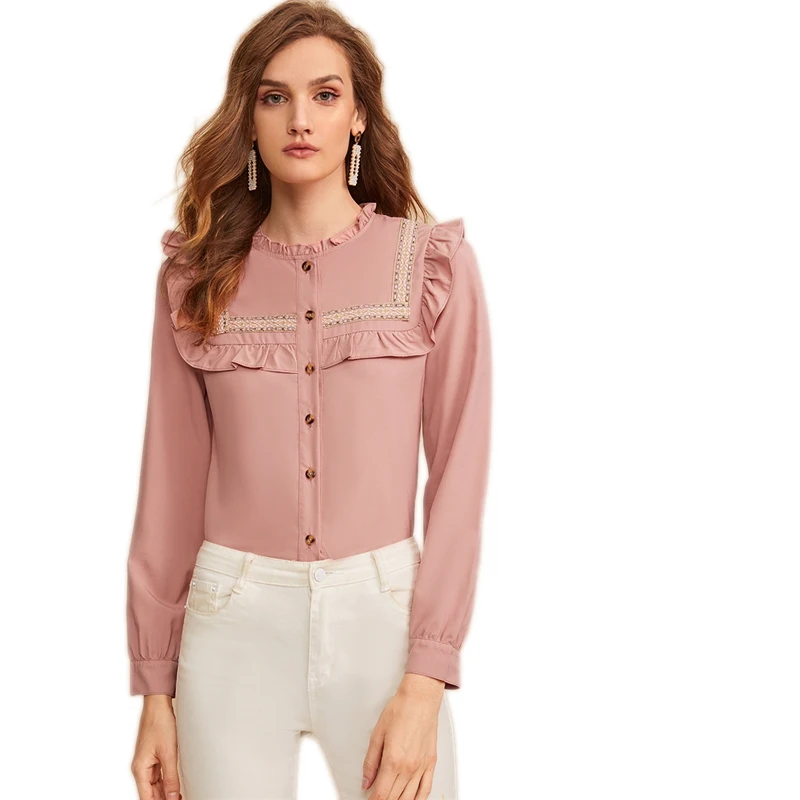 SHEIN розовая вышитая лента панель с рюшами отделка пуговица спереди милая блузка рубашка женские топы осень длинный рукав элегантные блузки