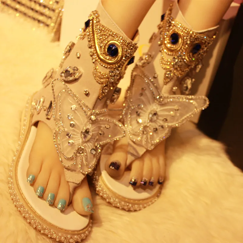 

Summer thick-soled flip-flops open toe leather ethnic rhinestone bag with high-top women's slope sandals