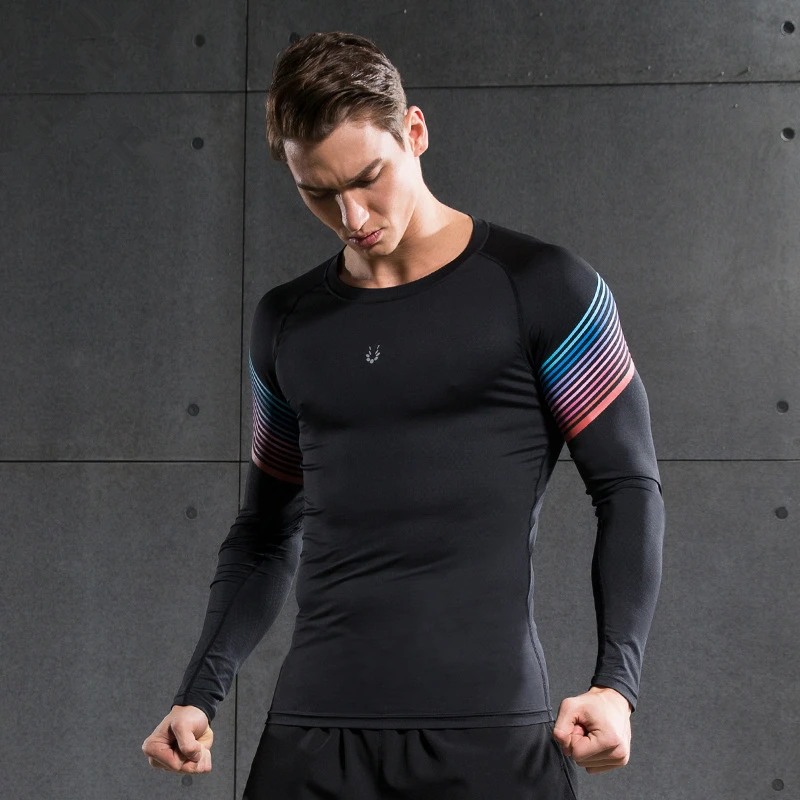 2020 Mens Printed Gym Compression Shirts Skinny Long Sleeve Quick Dry Running Sportswear Tops Fitness Training Sports T-shirts | Спорт и