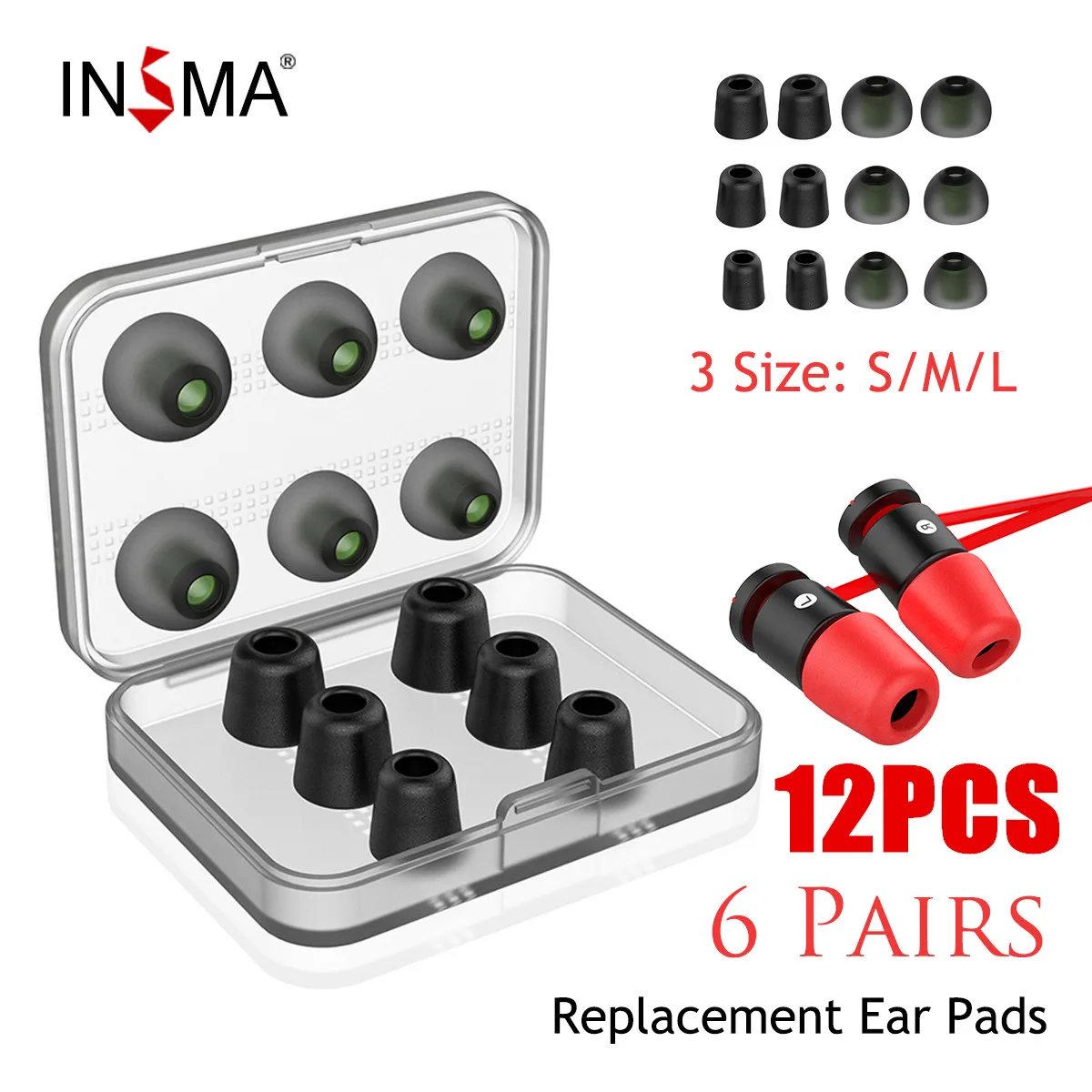 

INSMA 12/24pcs Set Replacement Noise Isolating 3pairs Memory Foam tips & 3pairs Silicone Earbuds Ear Pads for Headphone Earphone
