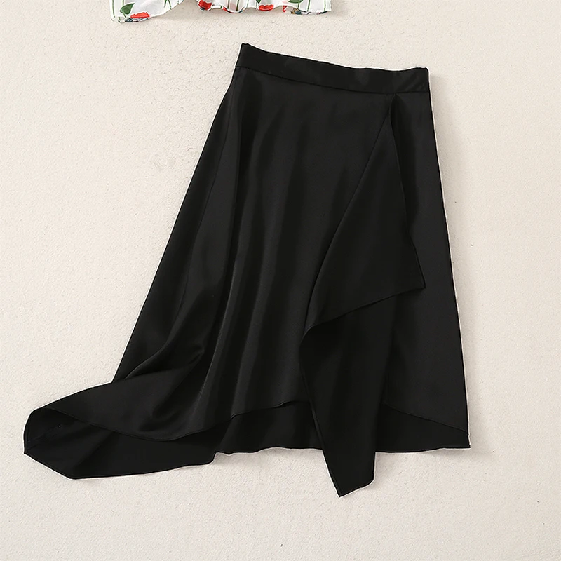 

HIGH QUALITY Newest 2021 Summer Fashion Short Sleeve Printed Chiffon Shirt Black Irregular Half Skirt Casual Suit