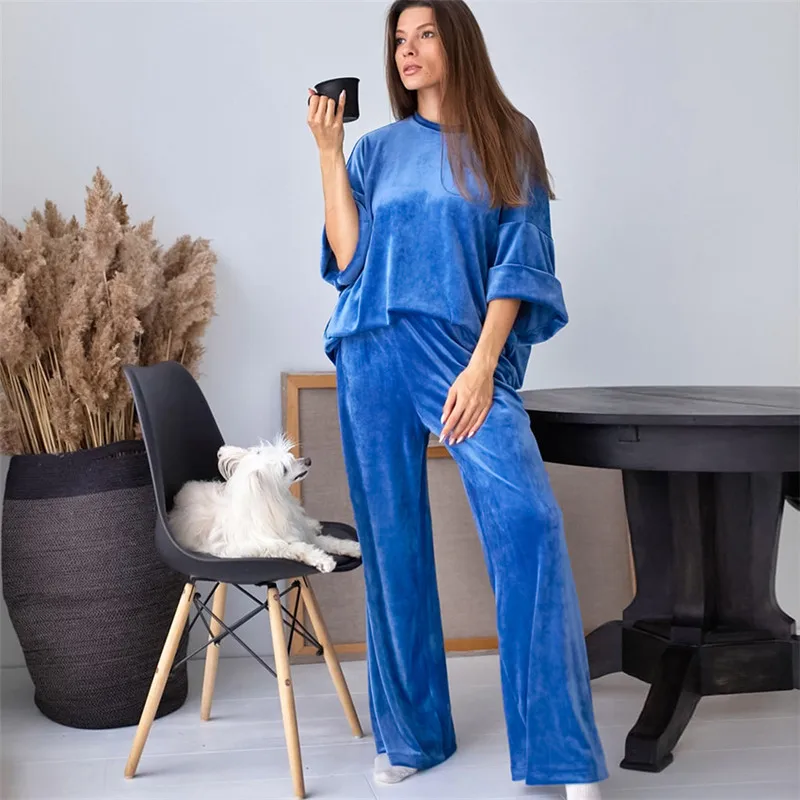 

Soft Velvet Warm Pajamas For Women Solid Loose Long Sleeve Thick Home Wear Autumn Night Suit Winter Casual Sleepwear