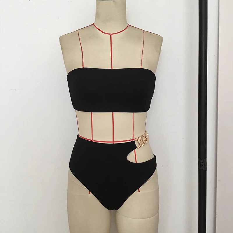 

For Women High Waist Swimwear Chain Hollow Out 2 Piece Set ELAN MILRE Sexy Bandeau Bikinis Swimming Suit Swimsuit Beachwear