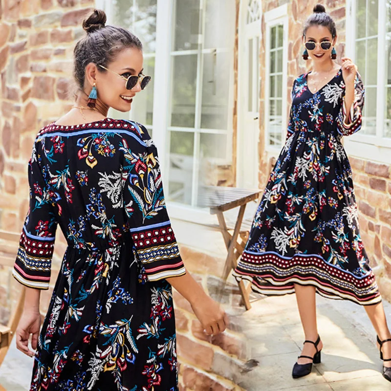 Женское платье Бохо модное Повседневное с v-образным вырезом и высокой талией