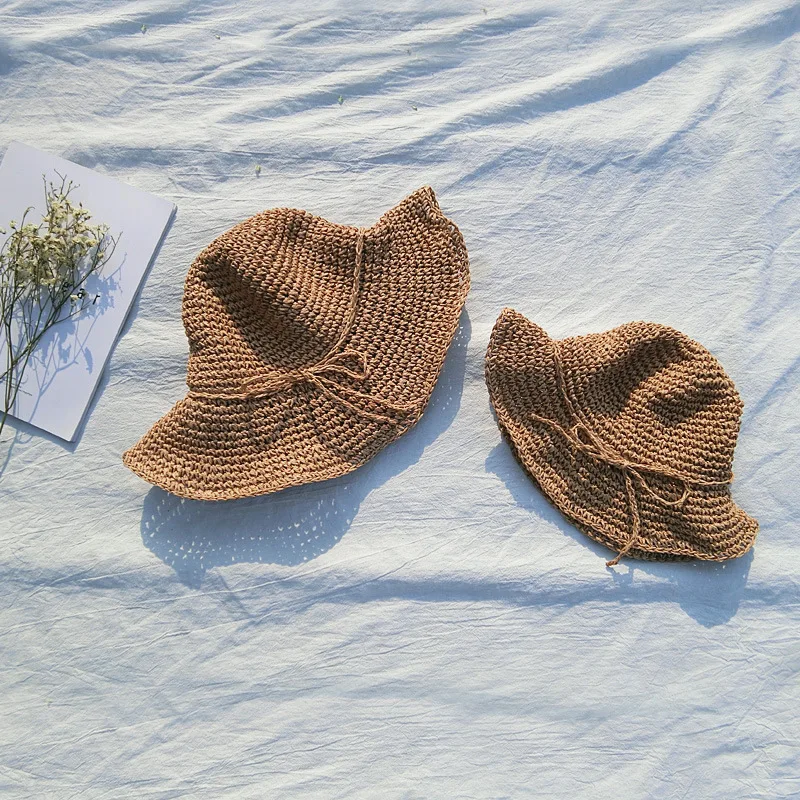 

Girls Mother Children Accessories Sunshade Beach Hat Sunscreen Hat Weaving Bowknot Straw Fashion Pure Color Parent-child Hats