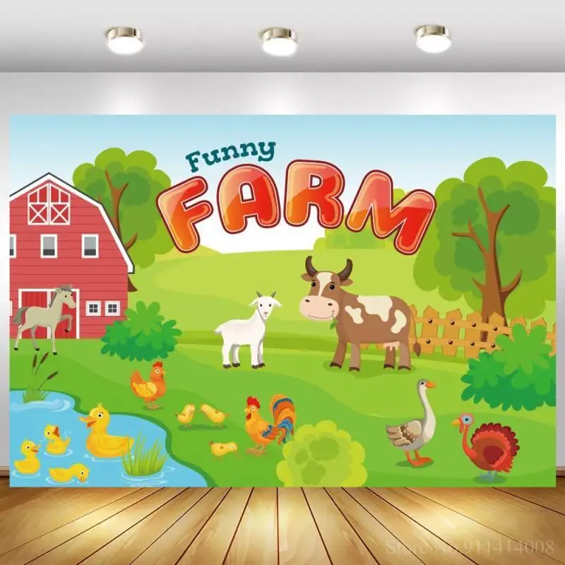 

Farm Theme Photography Backdrops Red Barn Green Grassland River Tractor Animals Photo Background Kids Birthday Party Backdrop