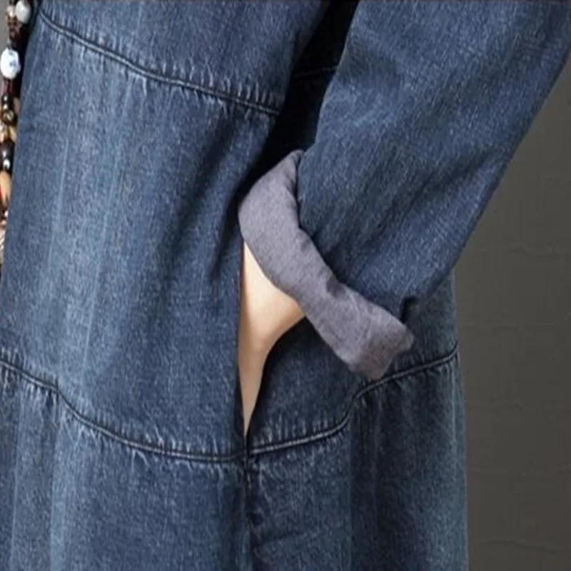 

New Spring Autumn Women Dresses Plus Size Fashion Stand Casual Loose Retro Long Style Jeans Dress For Women Larger One-Piece