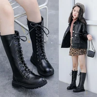 kids long boots high quality pu leather cross tied platform botas vintage martin boots girls black flats winter shoes size27 37