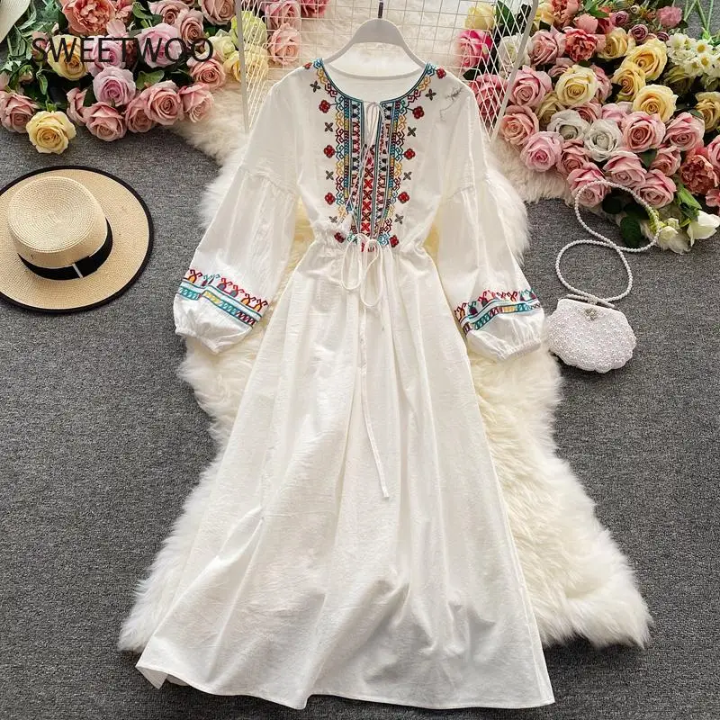 

Linen Dress Woman Embroidery Long Sleeve Dress Elegant Ethnic Boho White Clothes Autumn Winter Dresses For Women Party 2021 Red