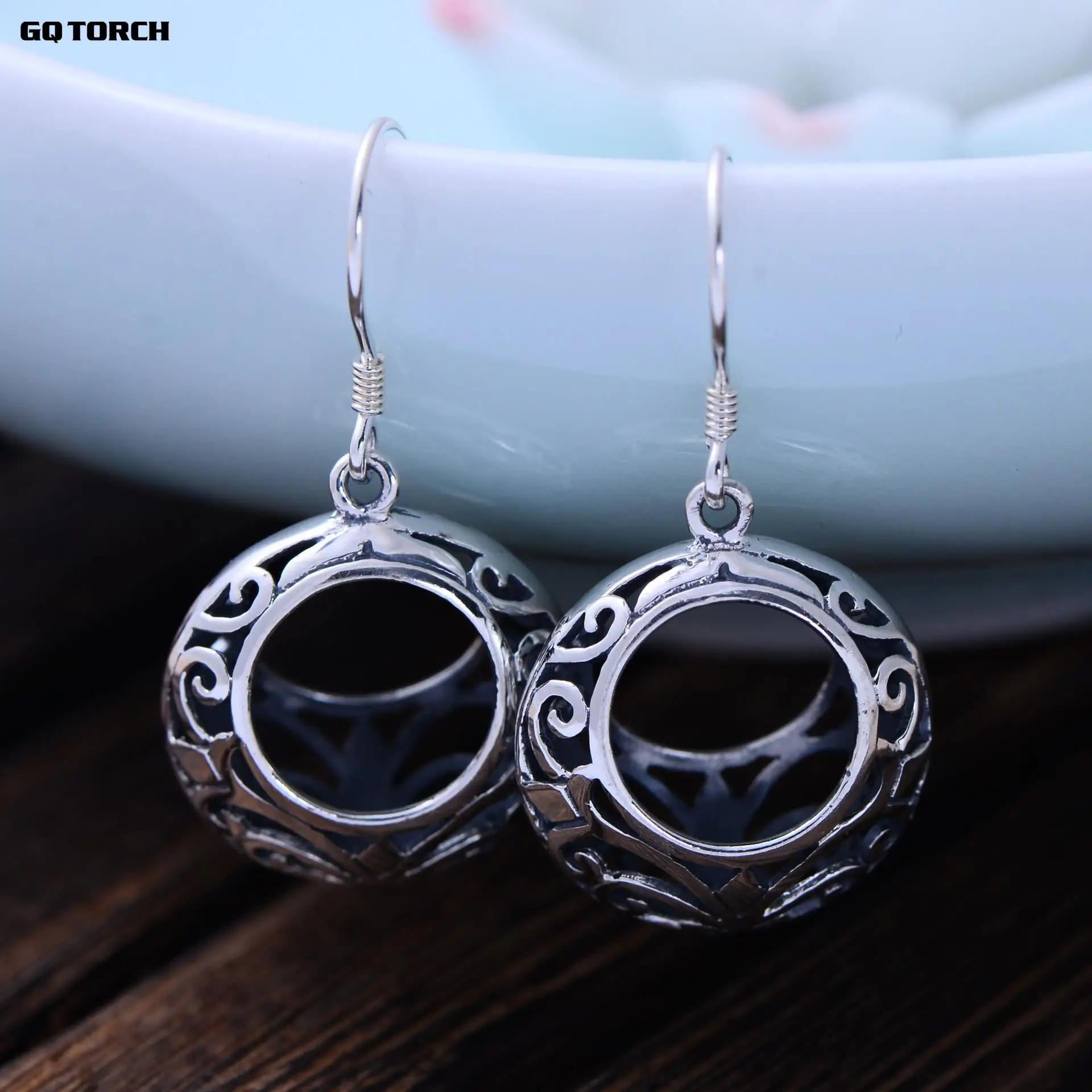 

Guaranteed 925 Sterling Silver Jewelry Vintage Drop Earrings For Women Hollow Flower Carving Round Shaped