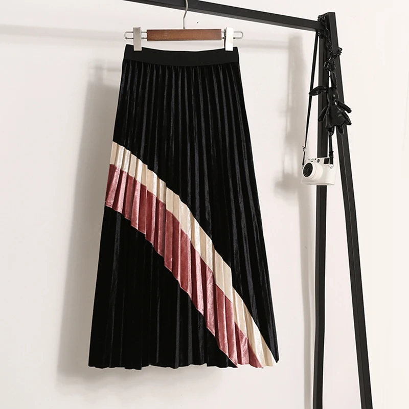 

Autumn winter pleated skirt women vintage warm patchwork velvet skirts ladies casual elastic waist A-line midi skirt female