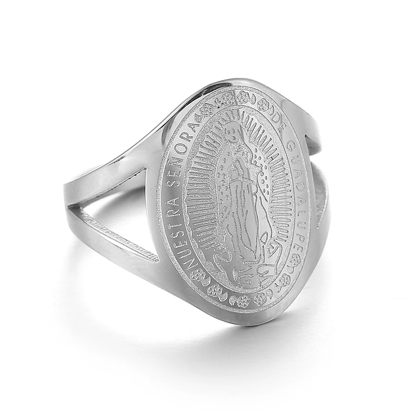 silver Пресвязанные кольца Девы Марии для женщин 3 цвета из Нержавеющей Стали Овальное Кольцо Hombre ювелирные изделия Nuestra Senora De Guadalupe Христианский подарок - Цвет основного камня: silver