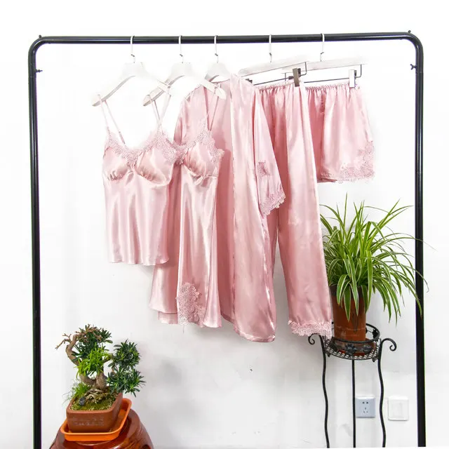

2019 Satin Sleepwear With Chest Pads Sexy Women Pajamas Lace Slik Sleep Lounge 5 Pieces/Set Elegant Ladies Indoor Clothing