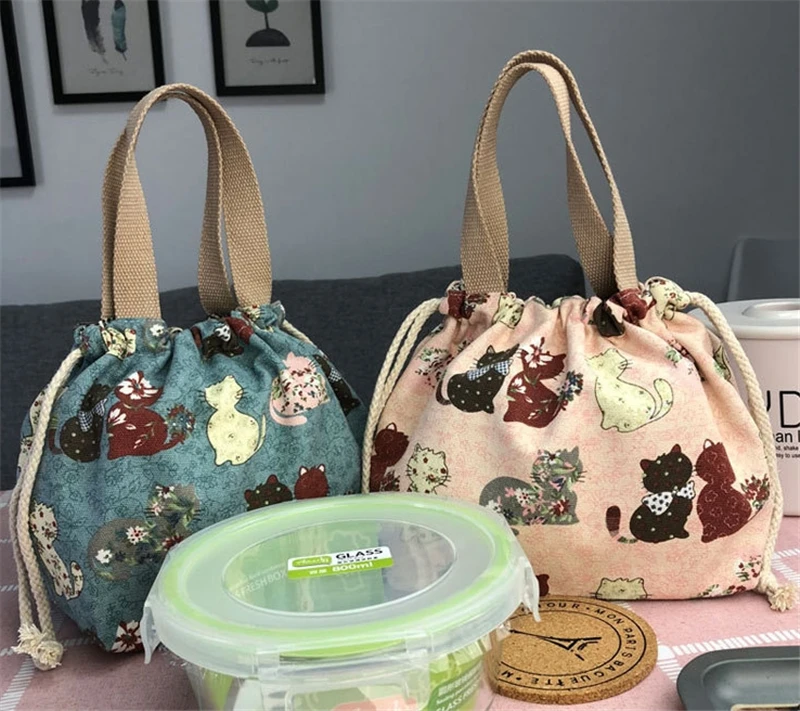 Женская сумка для ланча с кулиской из парусины, сумочка, милый мультфильм, Рисовые сумки, печать, переносная коробка для ланча, сумка для женщин, универсальный кошелек для монет