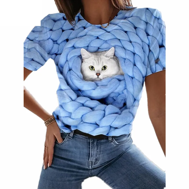

New Summer Fashion 3D Printing Kawaii Cute Pocket Cat Male/Female T-shirt Street Personality Wild Loose Breathable Oversize