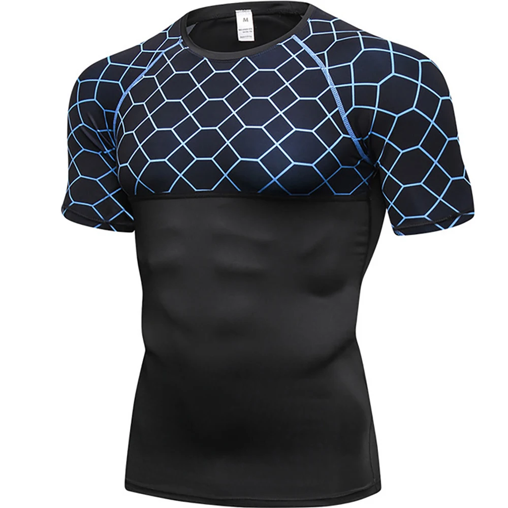 Men Compression T-shirt  Dry Fit T Shirt Print Patchwork Gym Clothing Fitness Exercise Running Training Sports Solid Shirt MMA
