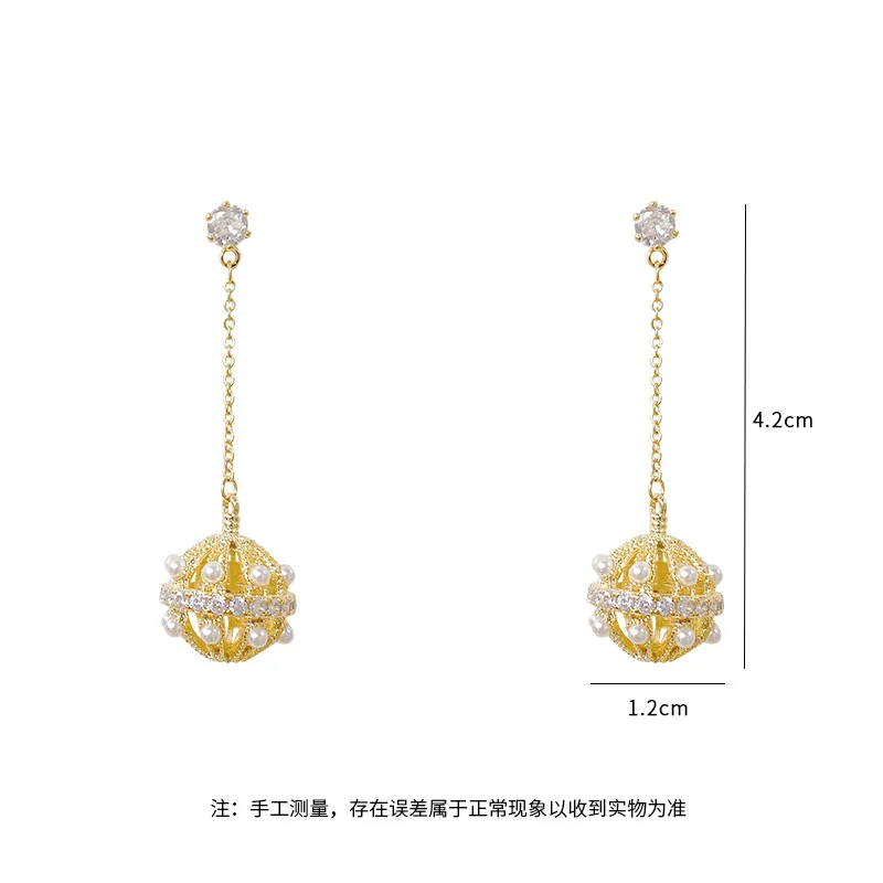 

Trendy Hollow Out Round Zircon and Pearl Long Drop Earrings for Women Party Temperament Wedding Fashion Jewelry Gifts Acessories