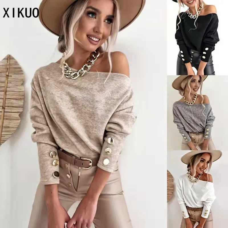 

Новинка Осень-зима 2021, Женская пикантная модная Удлиненная рубашка на пуговицах с длинным рукавом и односторонним воротником без бретелек...