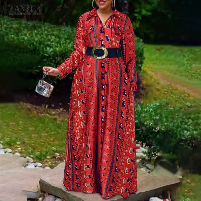 

ZANZEA Women Long Sleeve Bohemian Autumn Vintage Robe Floral Printed Long Shirt Dress Maxi Sundress Lapel Neck Party Vestidos