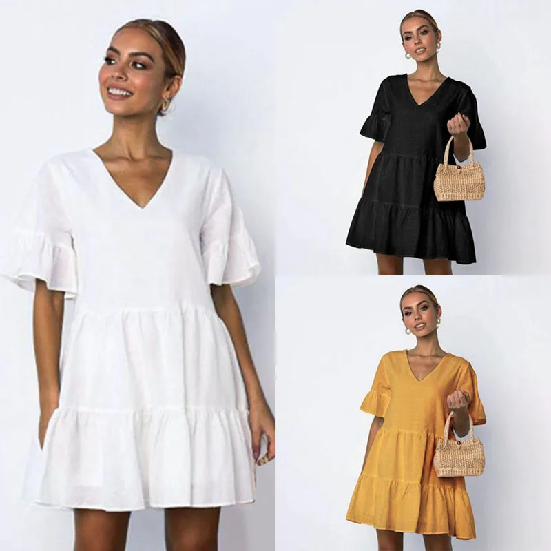 

Summer Beachwear Deep V Neck Short Sleeve Ruffle A-Line Mini Dress Women Dress Sexy Dress