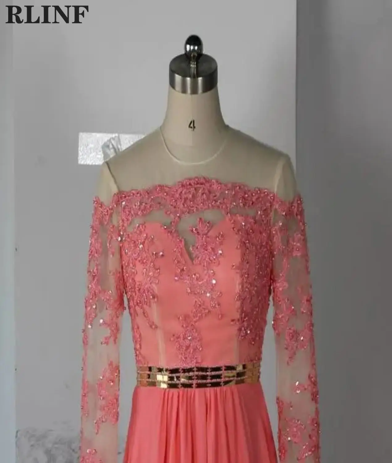 

Custom Formal Evening Dress watermelon red Sheer Lace Long Sleeve Boat Neck A Line Flor Length Dresses