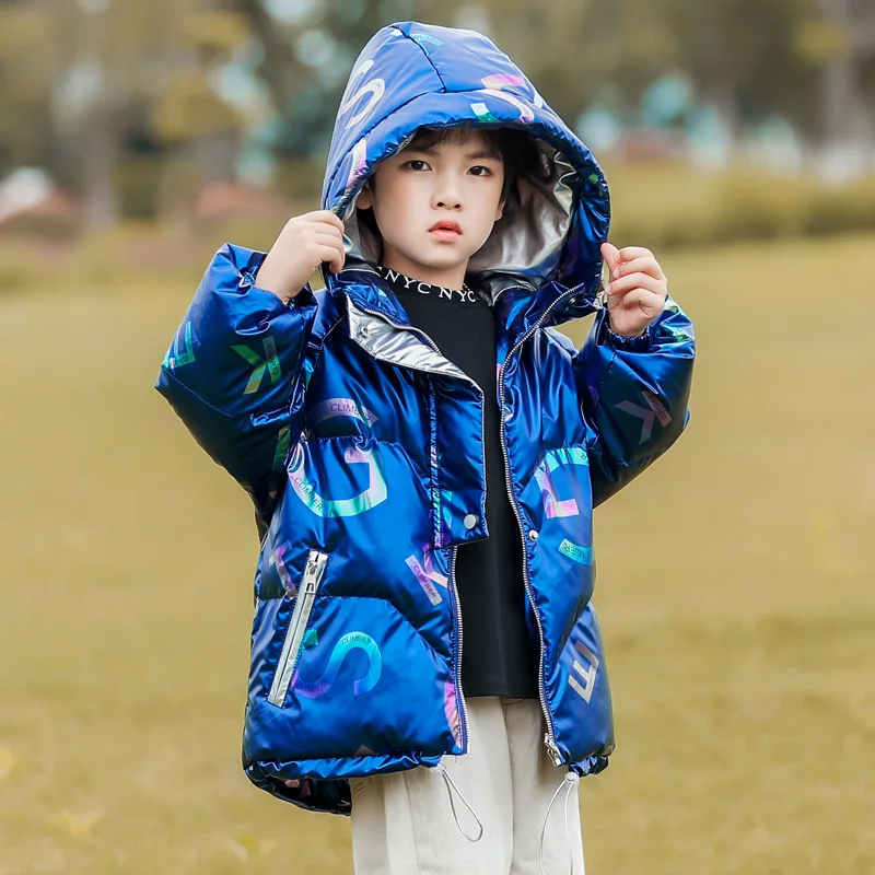 

Boys Autumn Winter Warm Coat Baby Girl 90% Duck Down Jackets Laser Letter Glossy Short Outerwear Children