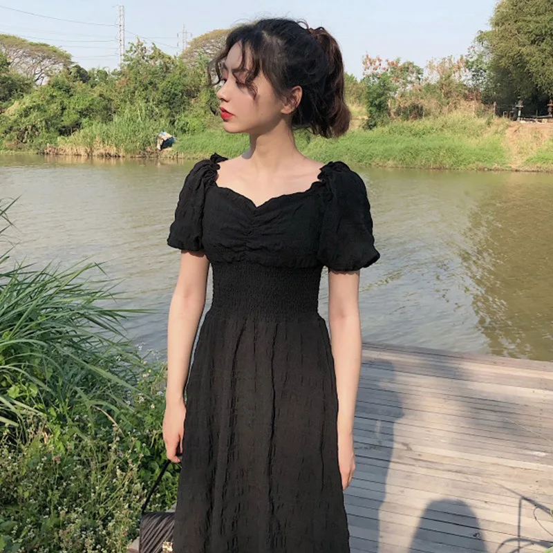 

COIGARSAM French Style Solid Women dress Vintage High Waist Dresses Red 8025