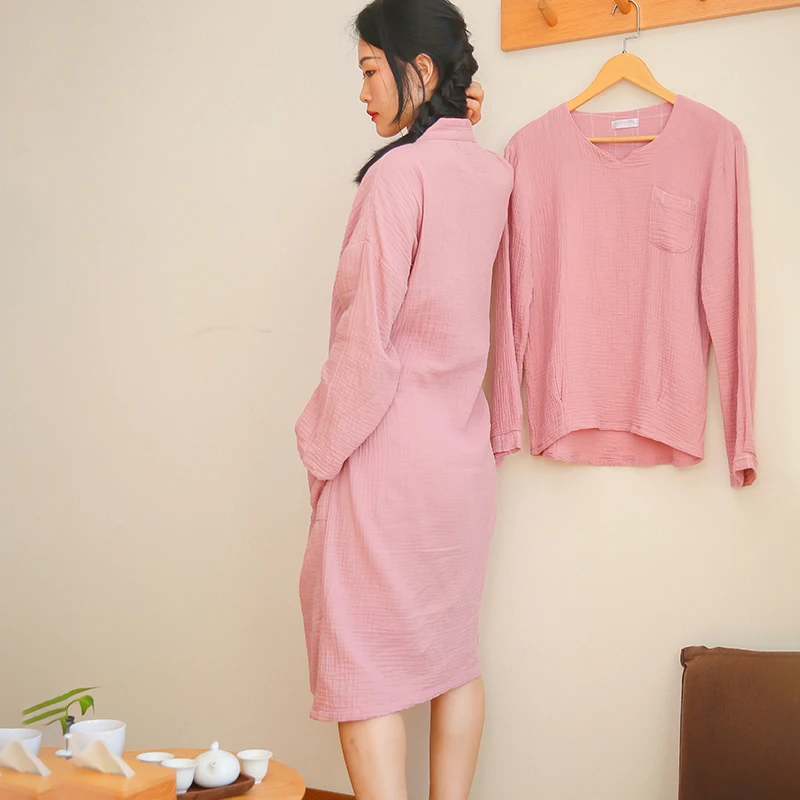 Kimono Bathrobe Sleepwear Nightgown Summer Nightwear Dressing Couple's Pajamas 100% Cotton Lingerie Intimate Japanese-Style Pink