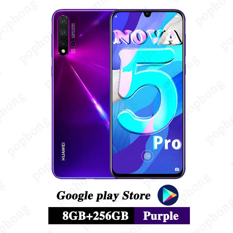 8G 256G Purple huawei Nova 5 pro, 8 ГБ, 128 ГБ, мобильный телефон, четыре ядра, 6,39 дюймов, OLED, Android 9,0, 3500 мАч, встроенный экран, отпечаток пальца, Google play - Цвет: 8G 256G Purple
