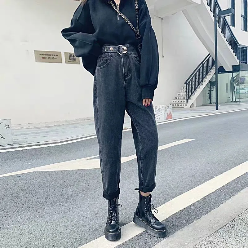 В винтажном стиле Из хлопка с высокой талией джинсы в для женщин бойфренда черный