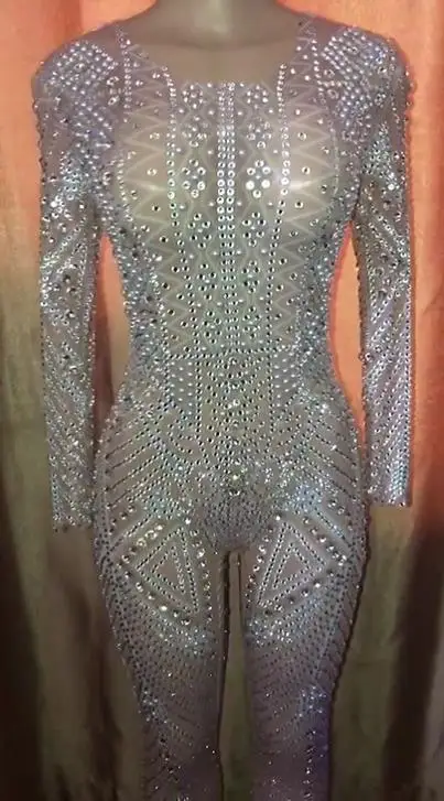 Женский сетчатый Прозрачный блестящий боди Стразы комбинезон с длинным рукавом