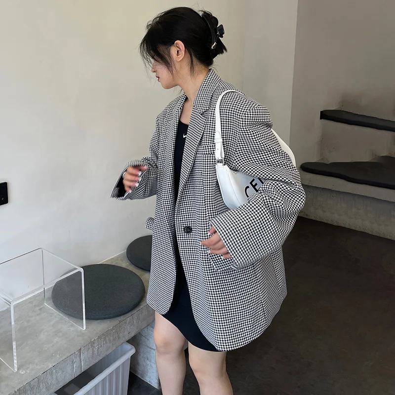 

SHENGPALAE Retro Plaid Blazer Women's Spring Autumn 2021 New Notched Large Size Single Button Long Sleeve Suit Coat Female 5E104