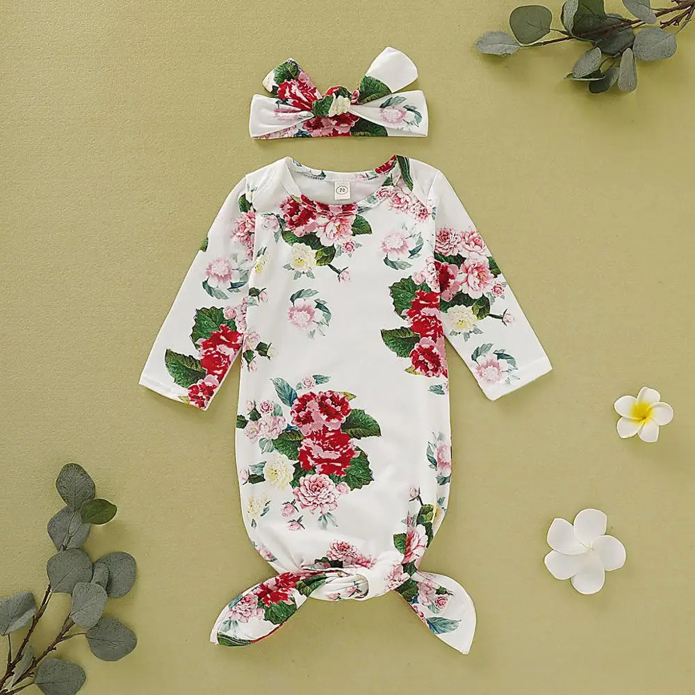 

YUXIC Flower Printed Newborn Baby Sleeping Bags Headbands Infant Girls Bedding Clothes Baby Photo Props Blankets Swaddle Wrap