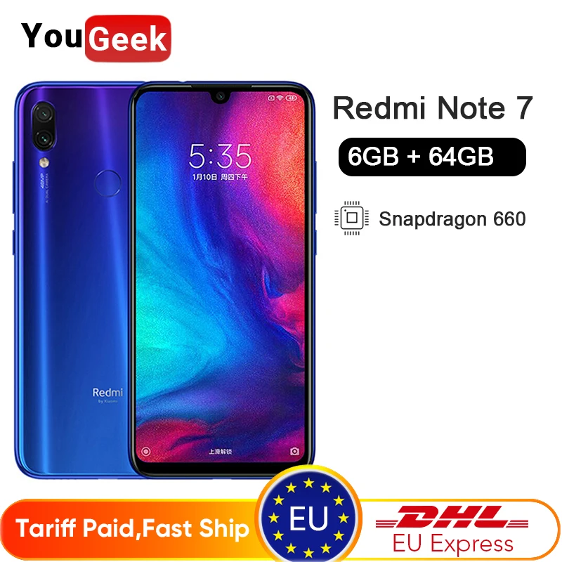 Смартфон Xiaomi Redmi Note 7 с глобальной прошивкой 6 ГБ 64 Восьмиядерный процессор Snapdragon
