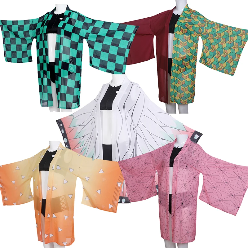 

Demon Slayer Cosplay Kimetsu no Yaiba Kamado Tanjirou Cosplay Two Piece V Neck Bathing Suit Swimsuit with Sheer Kimono Cardigan