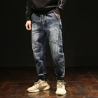 Джинсы-карго мужские свободного покроя, модные уличные штаны из денима, теплые Джоггеры в стиле хип-хоп, повседневные, бархатные, зимние