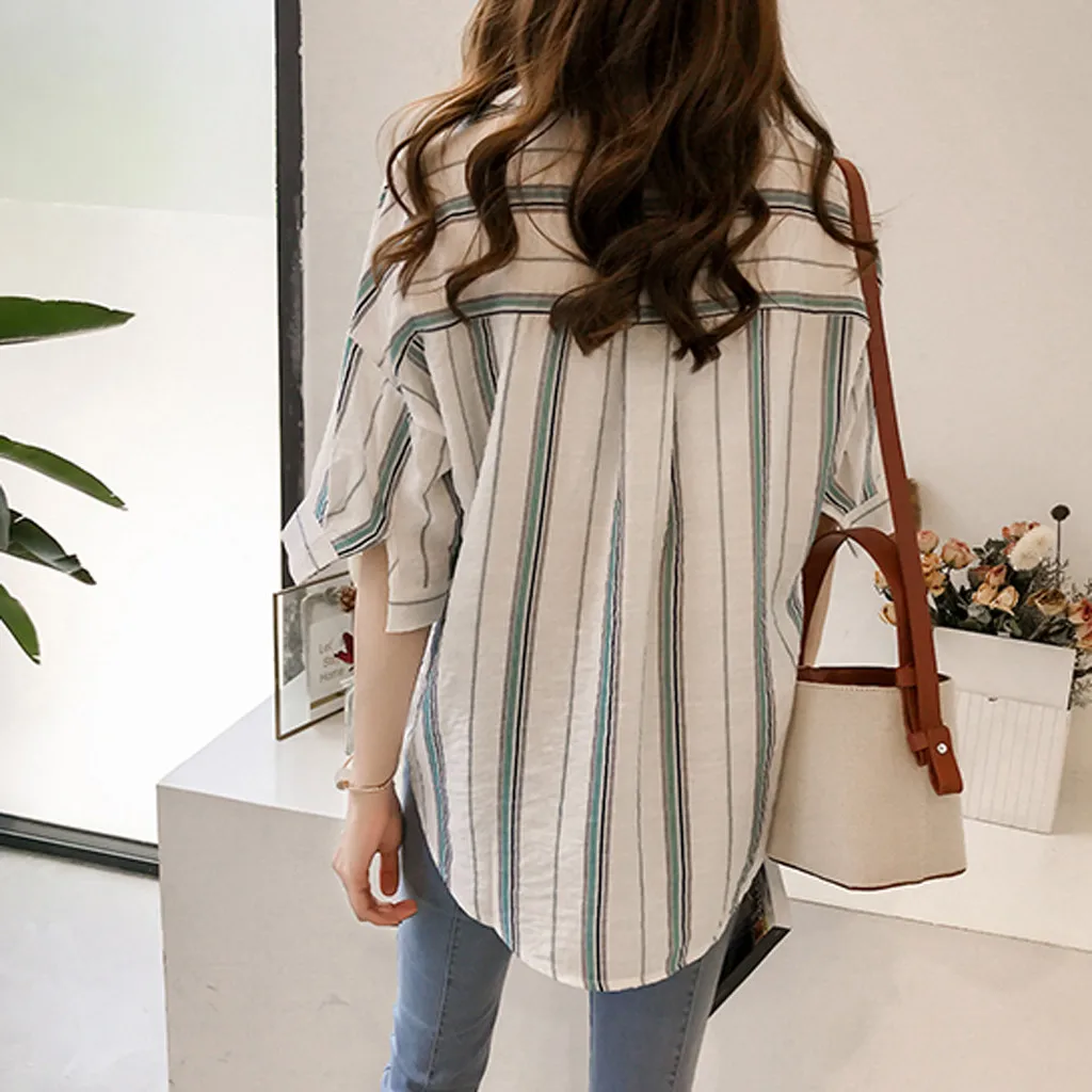 Женская Повседневная рубашка из хлопка и льна с v образным вырезом в полоску