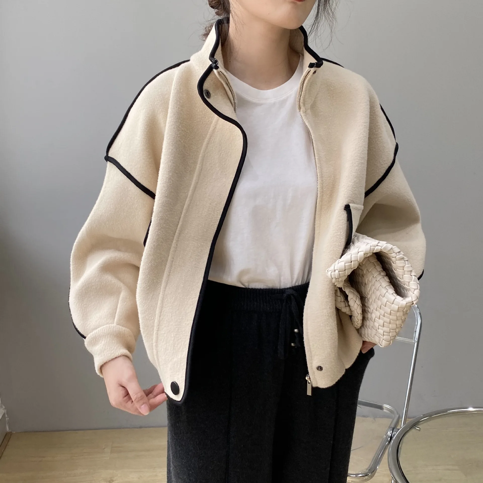 

Nice Autumn Women Jacket Coat Stand Collar Open Stitch Women Loose Style Jackets Hots For Women Streetwear
