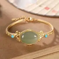 

S925 Sterling Silver Gilding Bracelet Hetian Jade Gray Jade Turquoise Vintage Court Style Open Adjustable Female Bracelet,